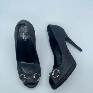 Gucci Black Leather silver glitter peep toe horsebit pumps 37